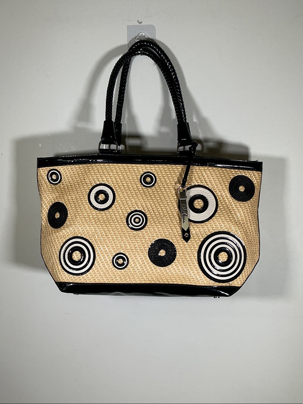 Cole Haan Beige Straw Tote with Black Circle Accents